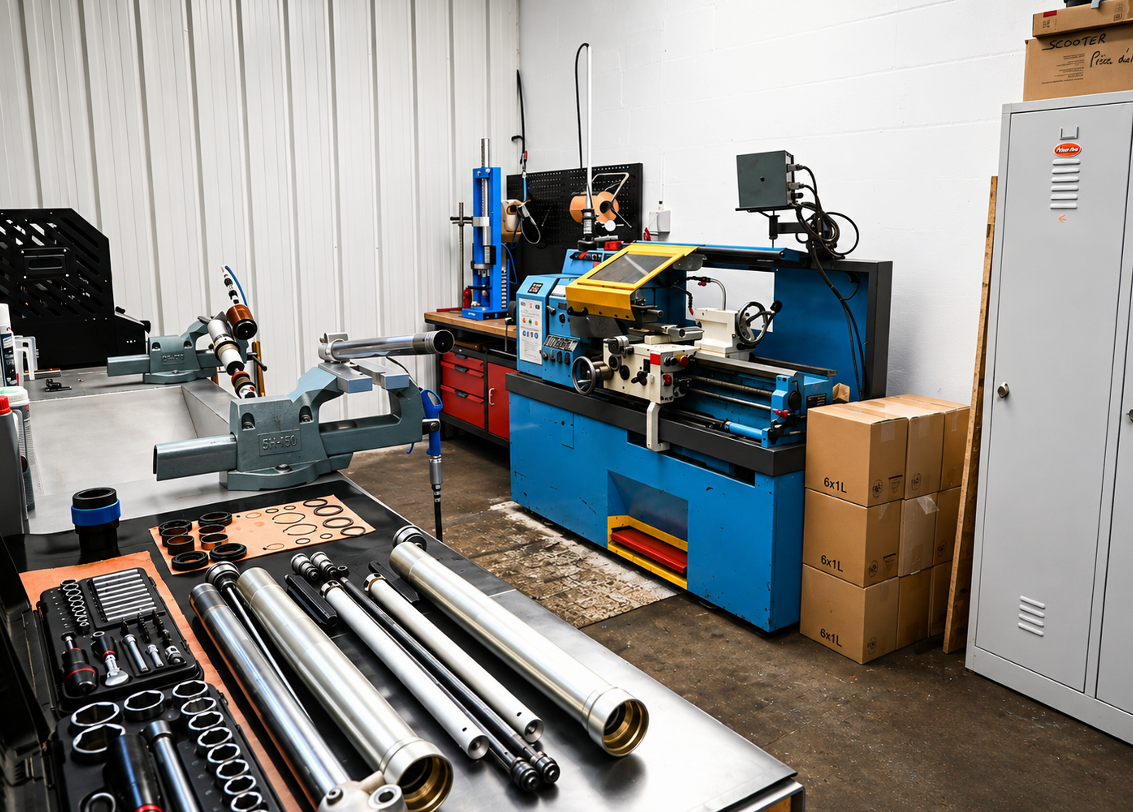 Atelier CMX Suspension : tour, presse hydraulique et tubes de fourche prêts pour révision